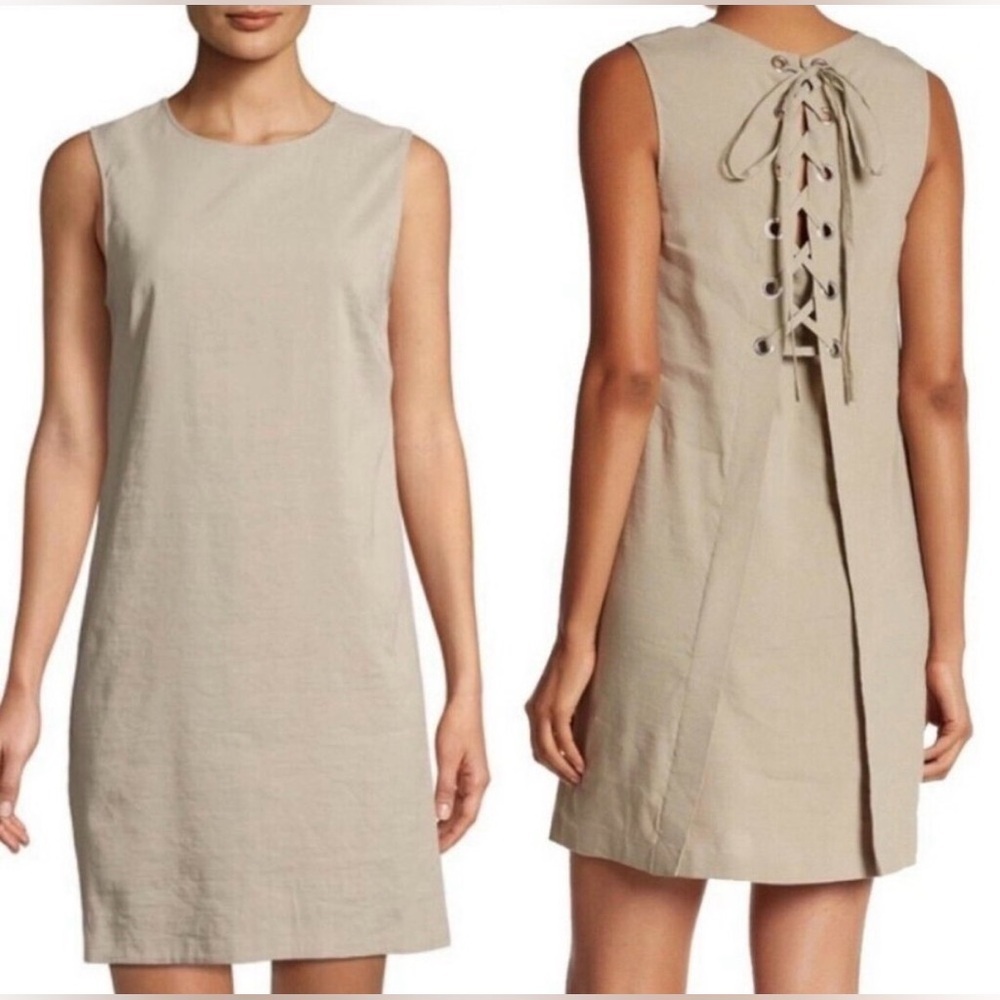 NWOT Theory Keshelle Back Lace Up Linen Mini Dress in Beige Size 8
